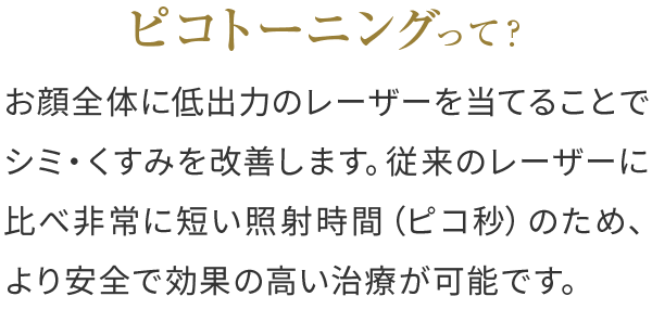 ピコトーニングって？お顔全体に低出力のレーザーを当てることでシミ・くすみを改善します。従来のレーザーに比べ非常に短い照射時間（ピコ秒）のため、より安全で効果の高い治療が可能です。